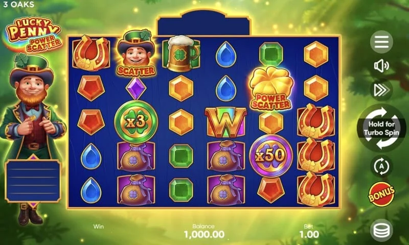 Lucky Penny Power Scatter - Simbol Power Scatter dengan koin emas dan cahaya belakang